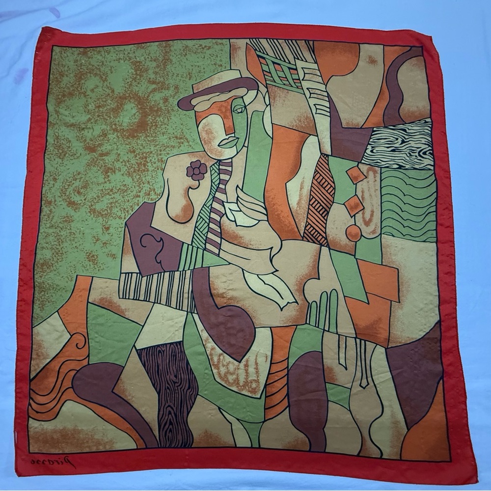 Picasso Style Art Scarf 33x35 Abstract Print Red Border Boho Wrap - Picture 2 of 10